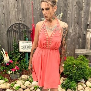 Cage halter bust backless mini dress coral